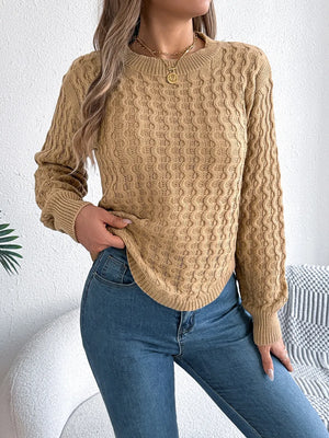 Asymmetric hem round neck long sleeve sweater front view stylish design