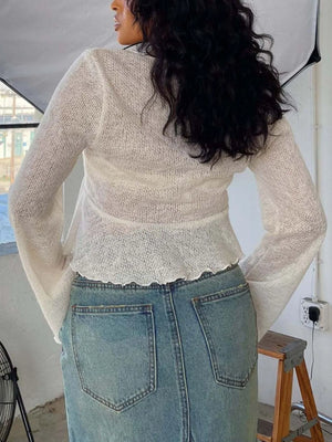 (Ruffled hem tie-front cropped cardigan back view)