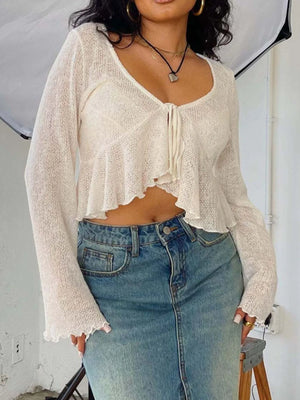 (Ruffled hem tie-front cropped cardigan worn by model)