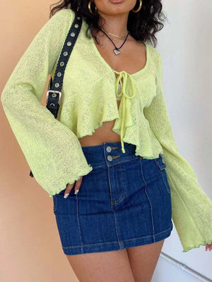 (Ruffled hem tie-front cropped cardigan side view)