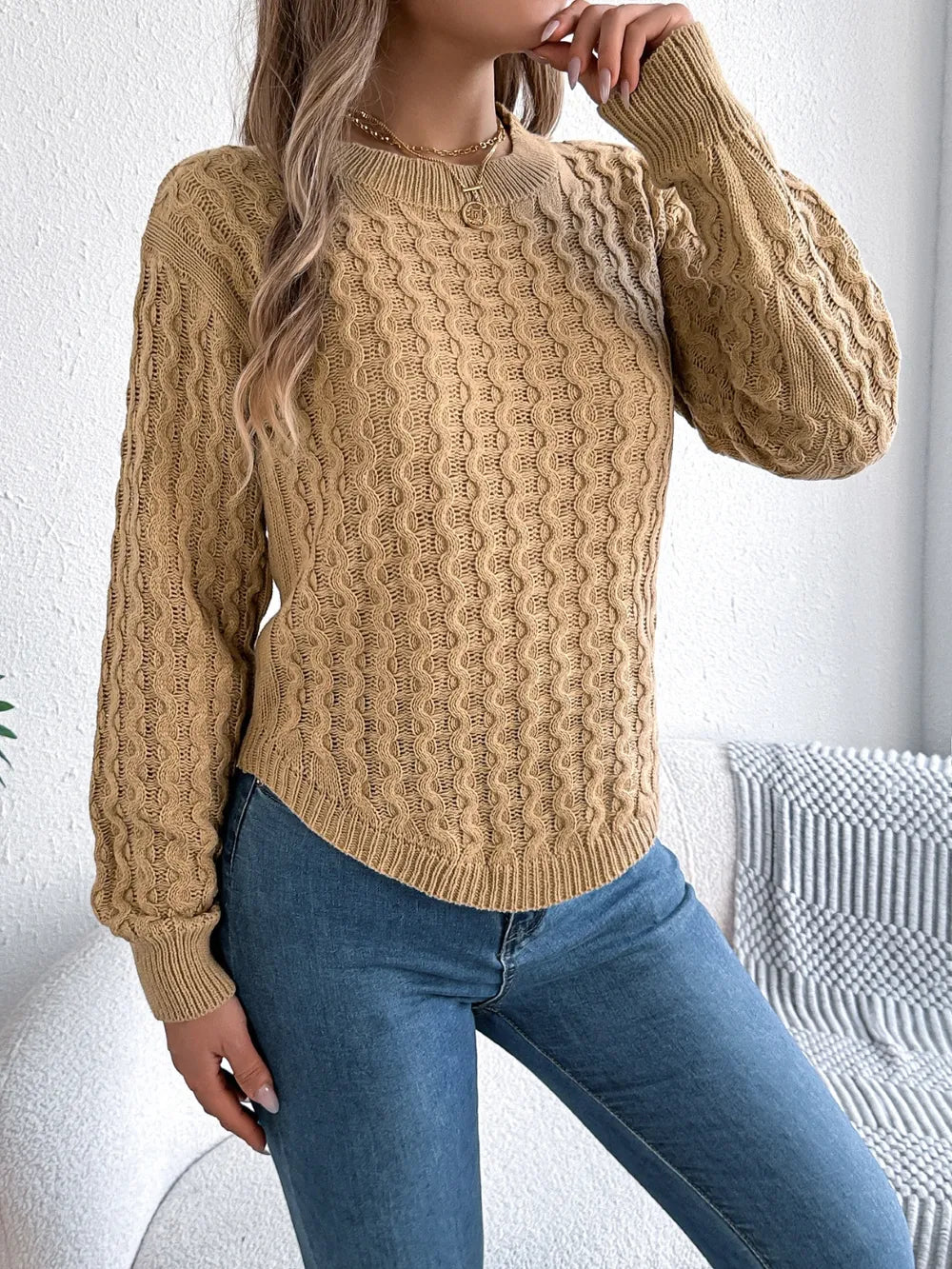 Casual asymmetric hem sweater front view comfortable fit