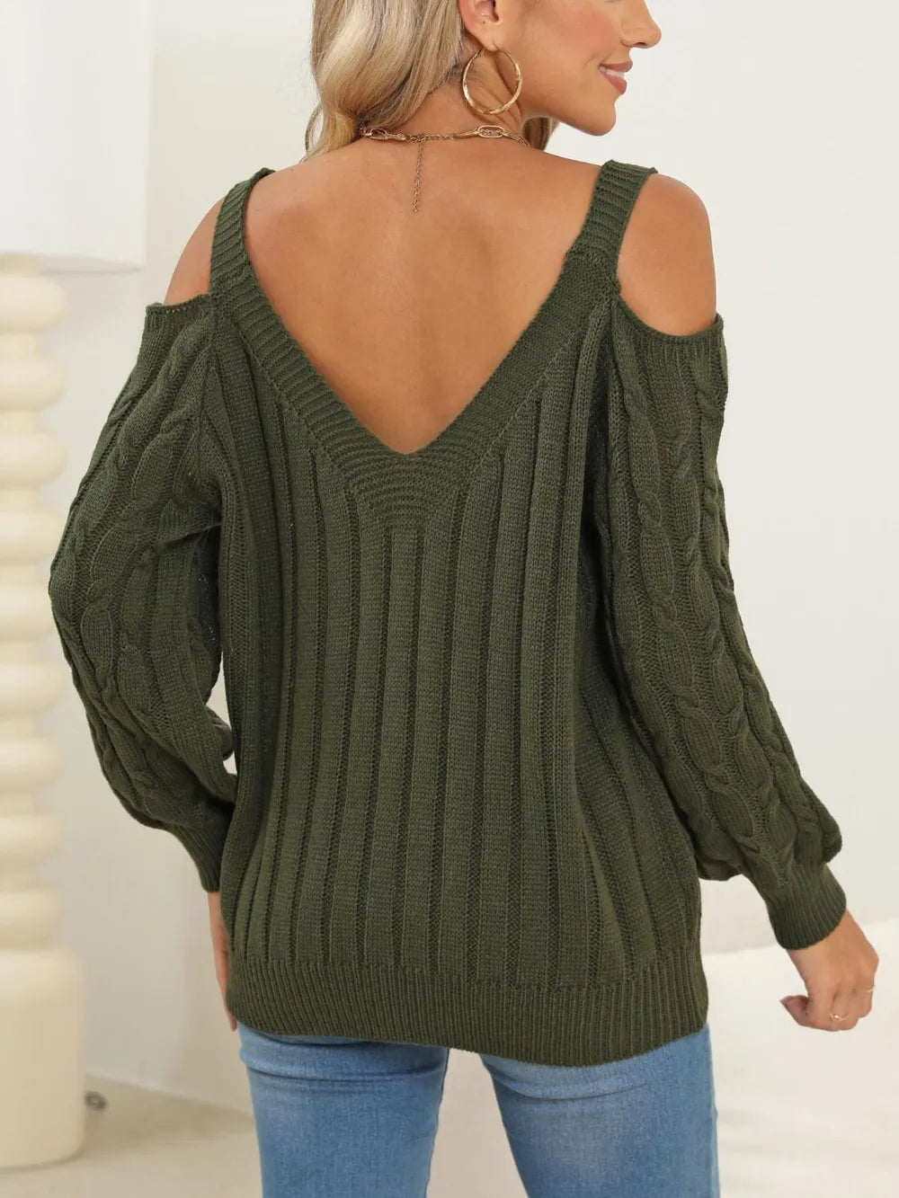 Back view of Cable-Knit V-Neck Long Sleeve Sweater