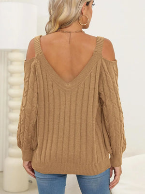 Rear view of Cable-Knit Long Sleeve Sweater