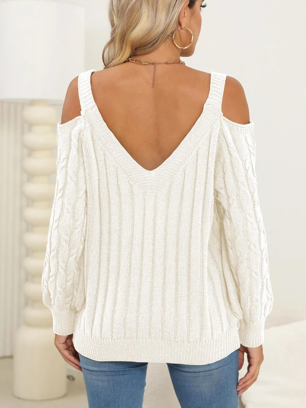 Back fit view of Cable-Knit V-Neck Sweater