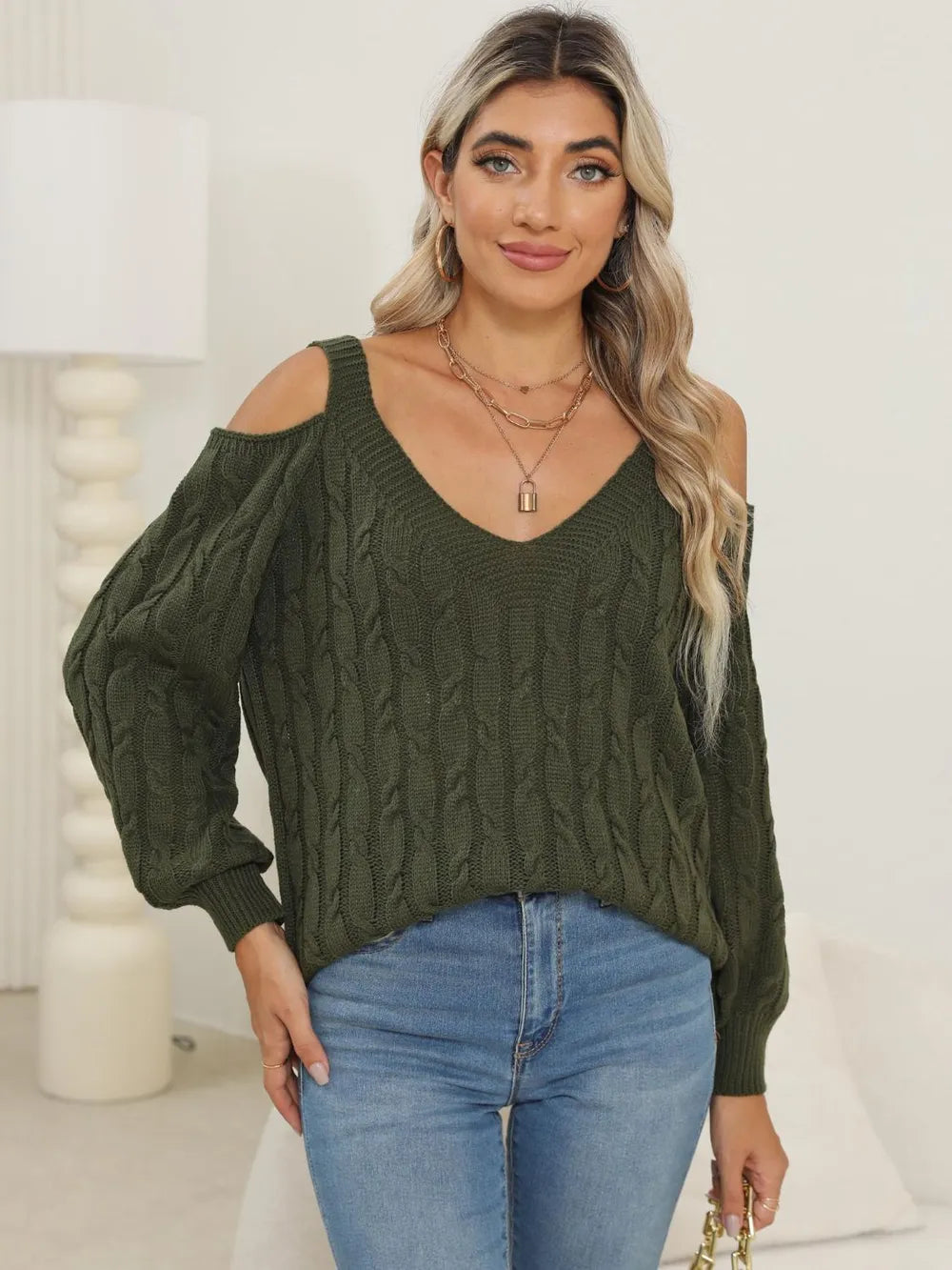 Front view of Cable-Knit V-Neck Long Sleeve Sweater