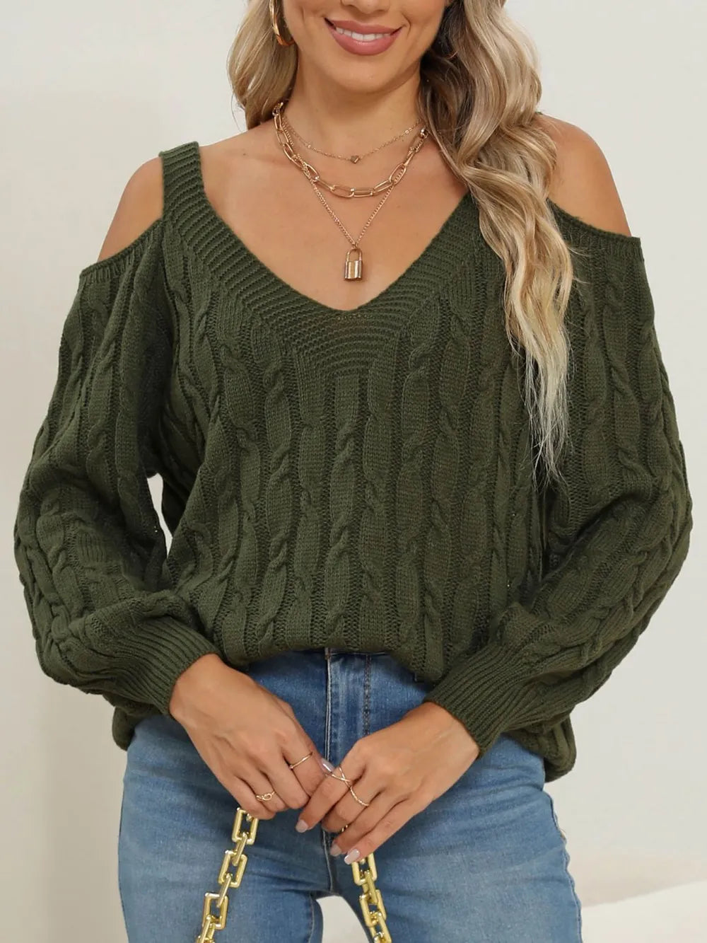 Front of Cable-Knit V-Neck Long Sleeve Sweater