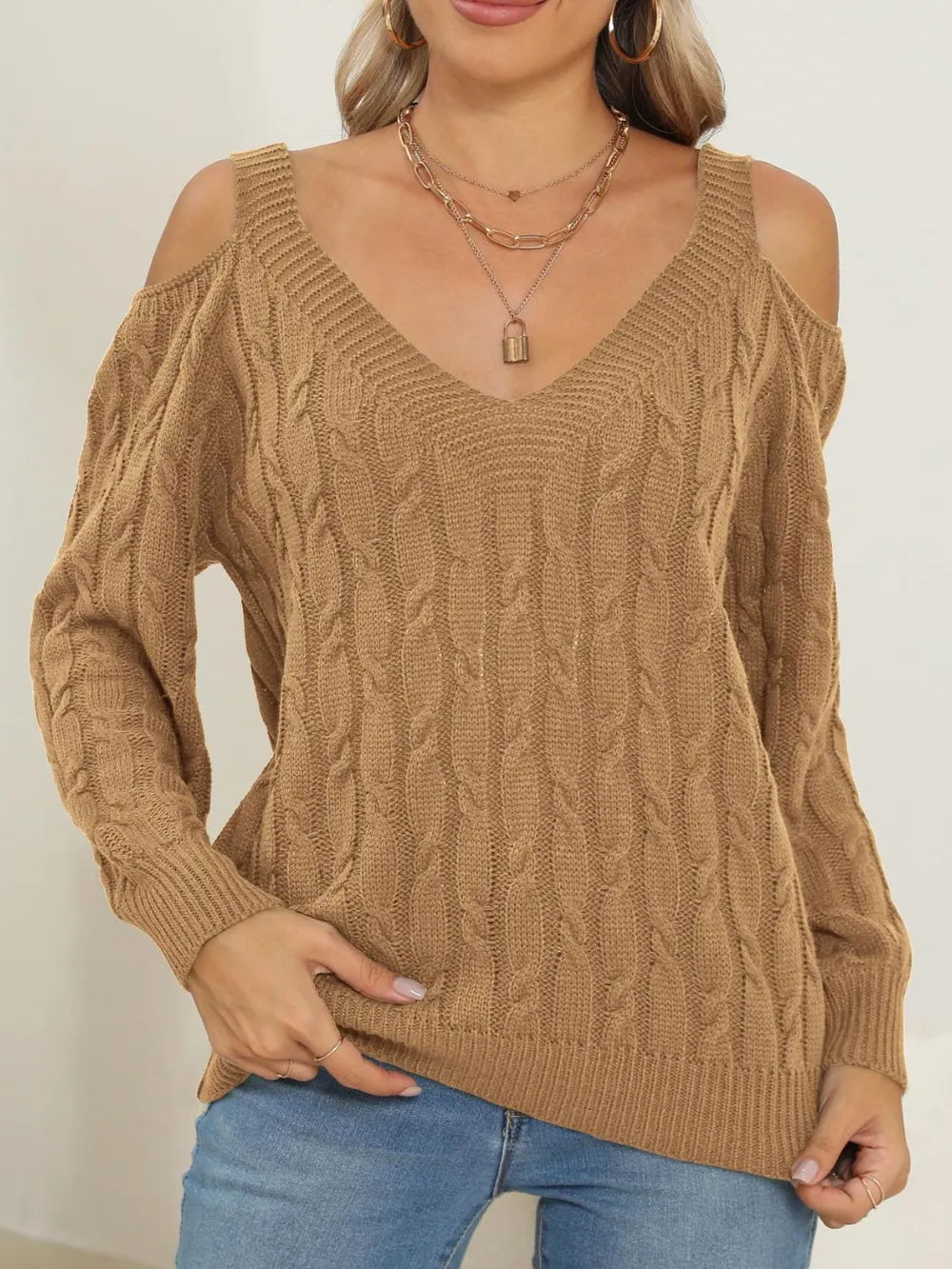 Front detail of Cable-Knit V-Neck Long Sleeve Sweater