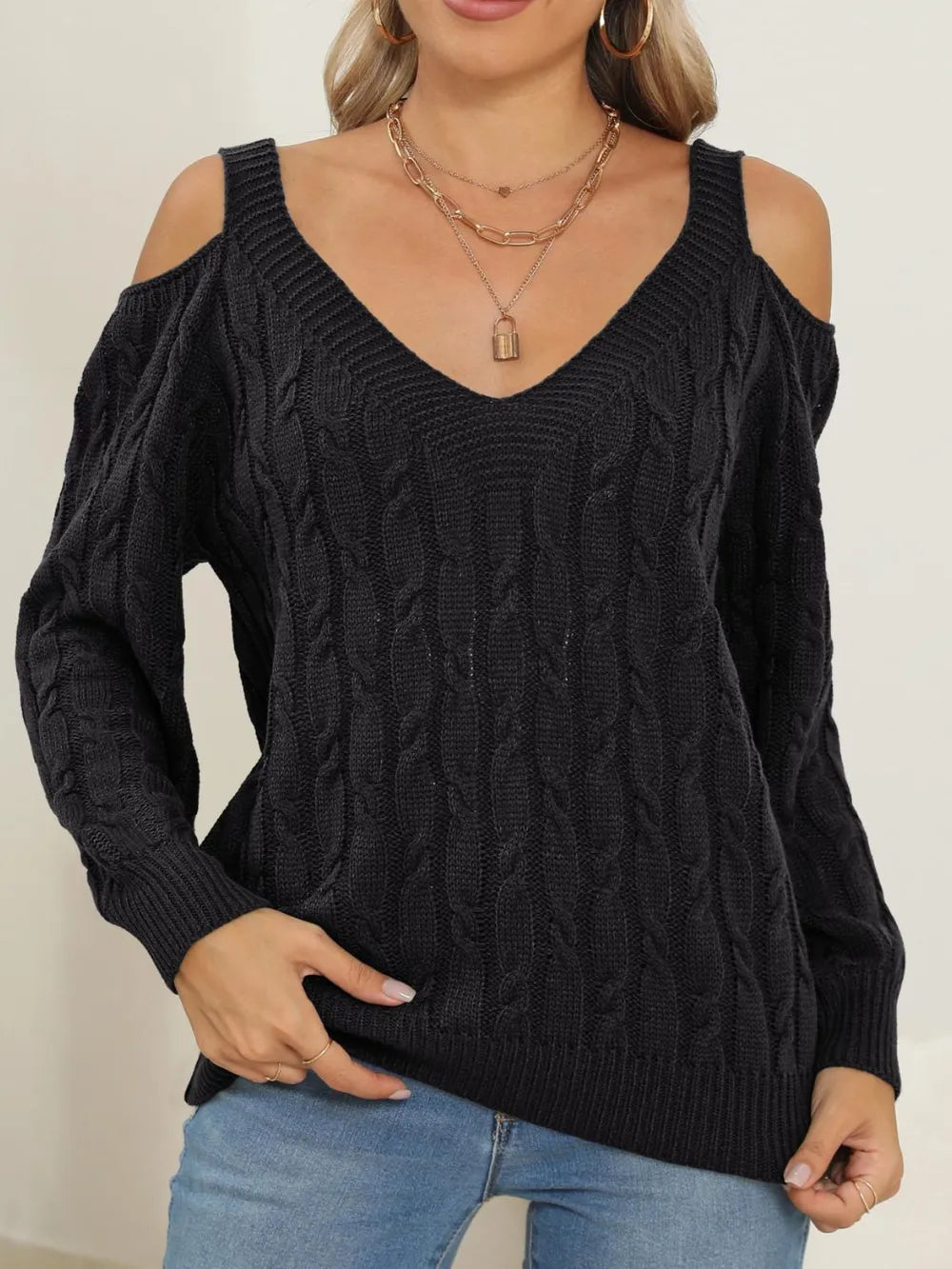 Front fit view of Cable-Knit V-Neck Sweater