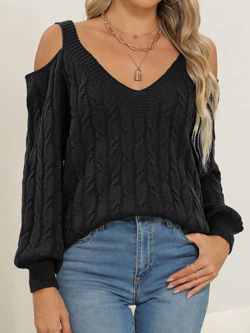 Casual front style of Cable-Knit Long Sleeve Sweater