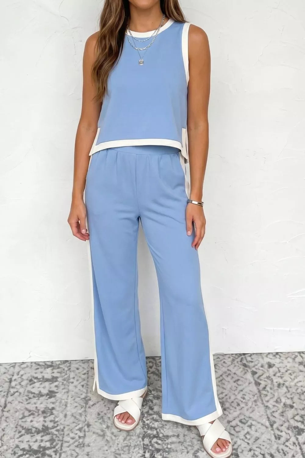 Front display of cropped tank and elastic waist pants two-piece set