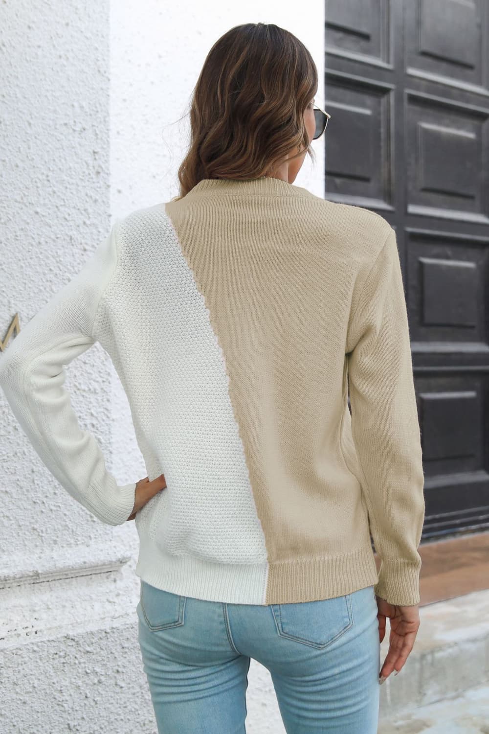 Back view of Contrast Color Round Neck Sweater with long sleeves