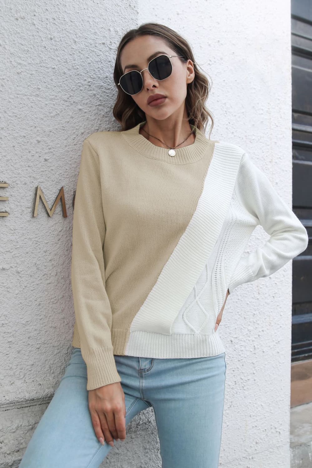 Front view focusing on sweater’s fabric and design