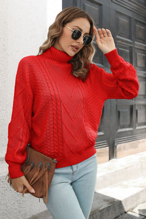 Front of Cable-Knit Turtleneck Sweater with cozy turtleneck style