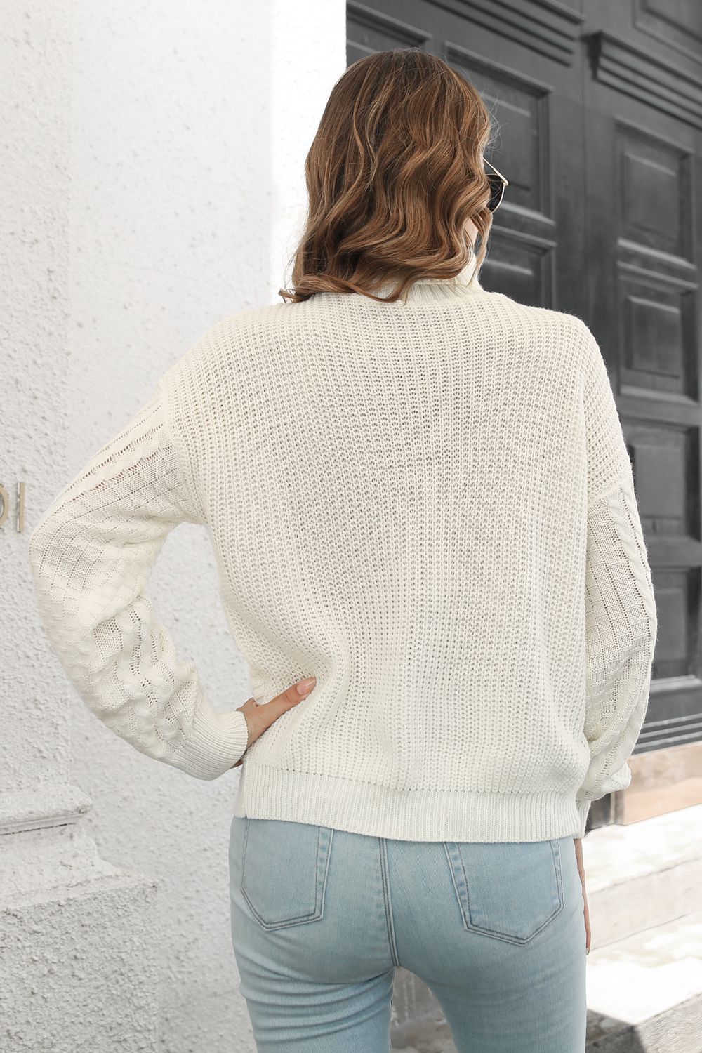 Back of Cable-Knit Turtleneck Sweater with ribbed hem finish
