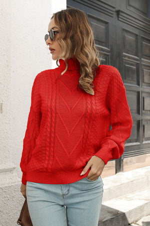 Front view of Cable-Knit Turtleneck Sweater with classic knit texture
