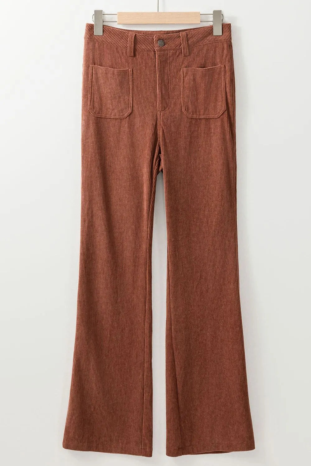 Full front view of green corduroy pants showing straight leg and high waist