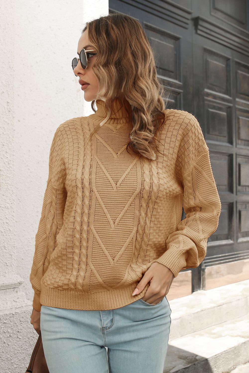 Front pose of Cable-Knit Turtleneck Sweater in warm casual style