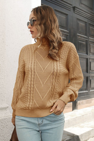 Front pose of Cable-Knit Turtleneck Sweater in warm casual style