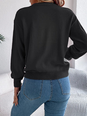Back view of Contrast Round Neck Long Sleeve Sweater
