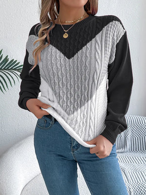 Front view of Contrast Round Neck Long Sleeve Sweater