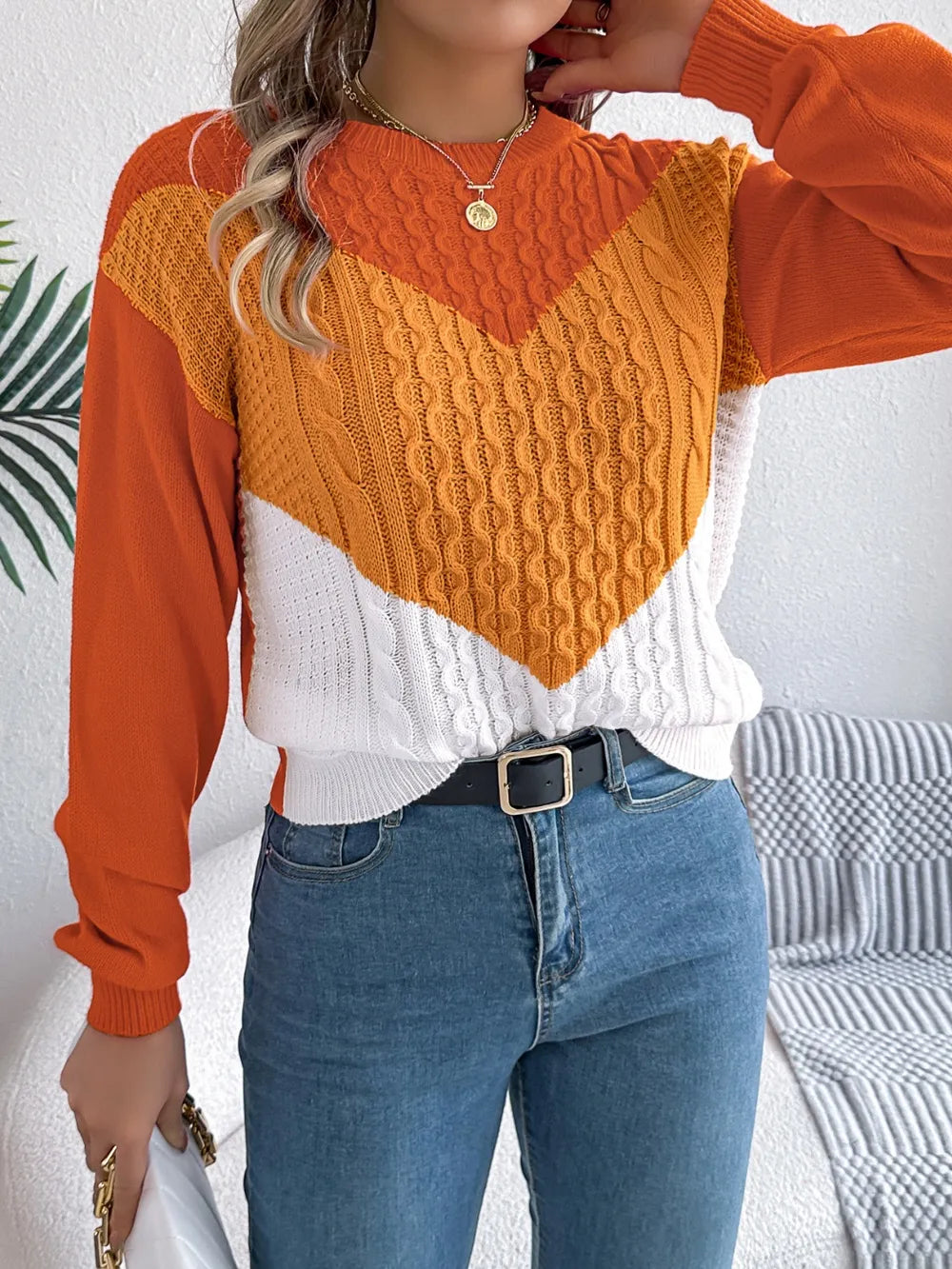 Front view showing casual fit of sweater