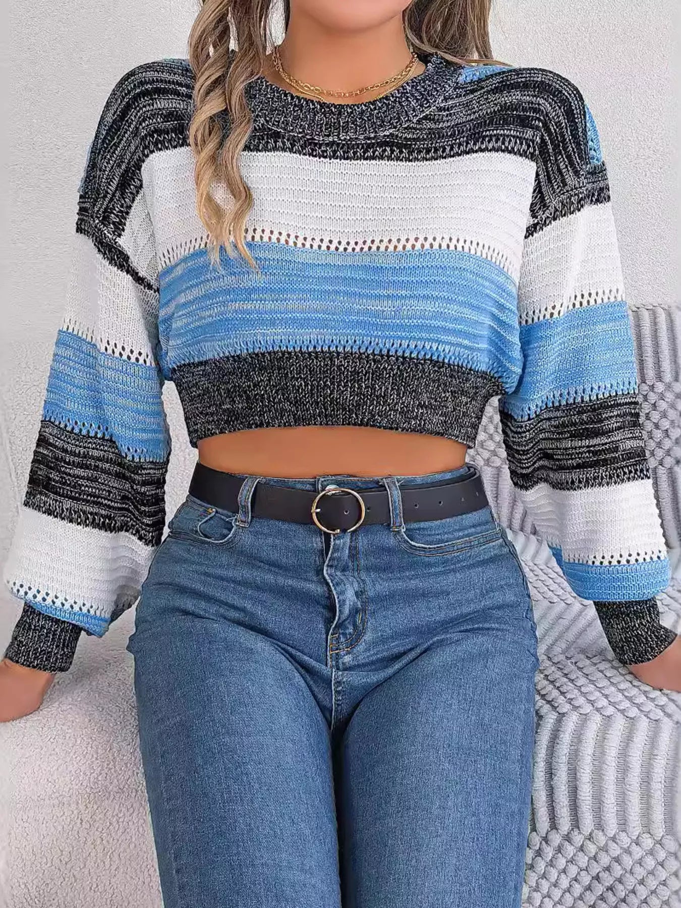 (Front view of cropped striped color block drop shoulder sweater)