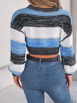 (Back view of cropped striped color block drop shoulder sweater)
