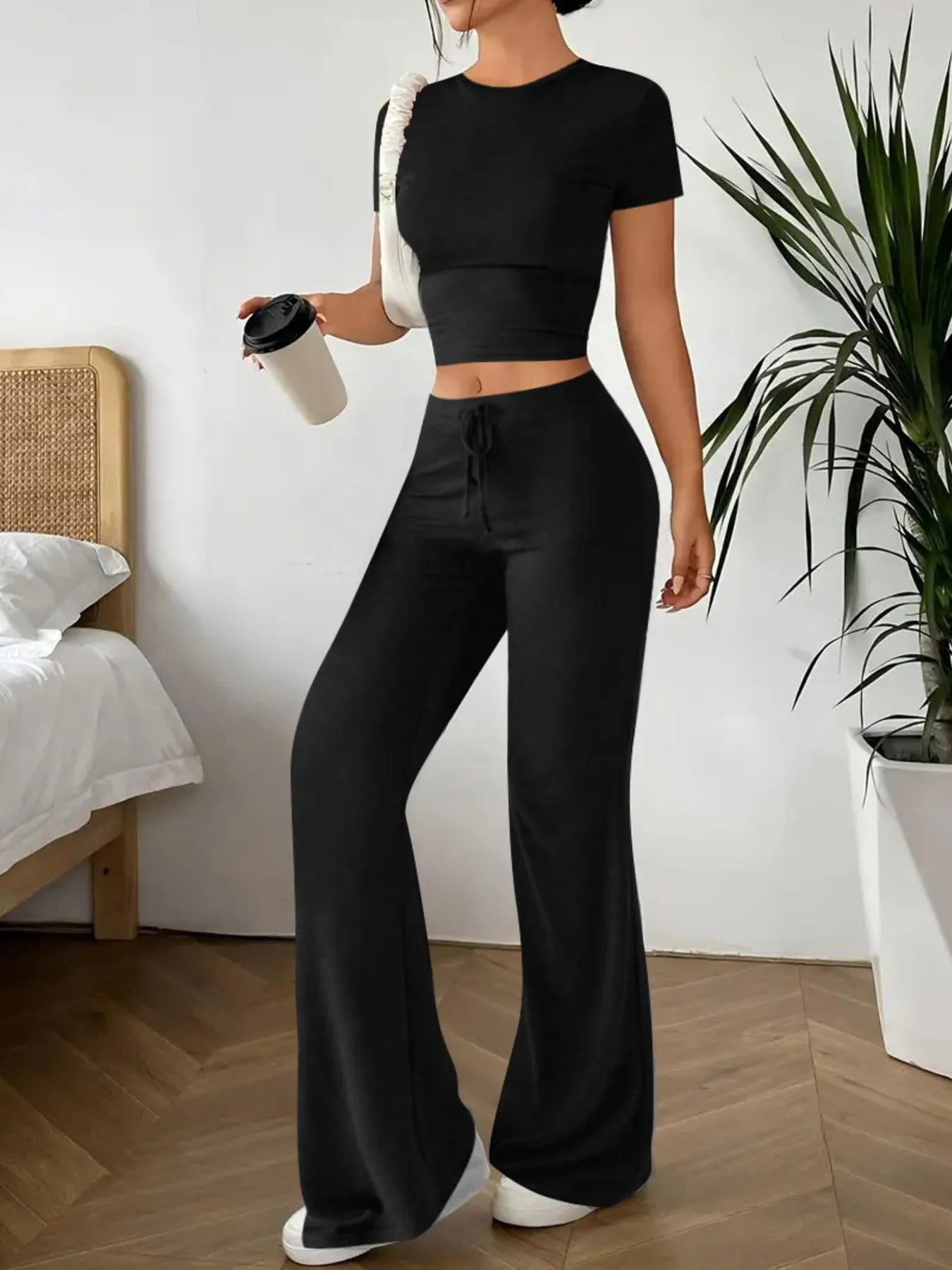 Front view of Crop Top and Wide Leg Pants Matching Set
