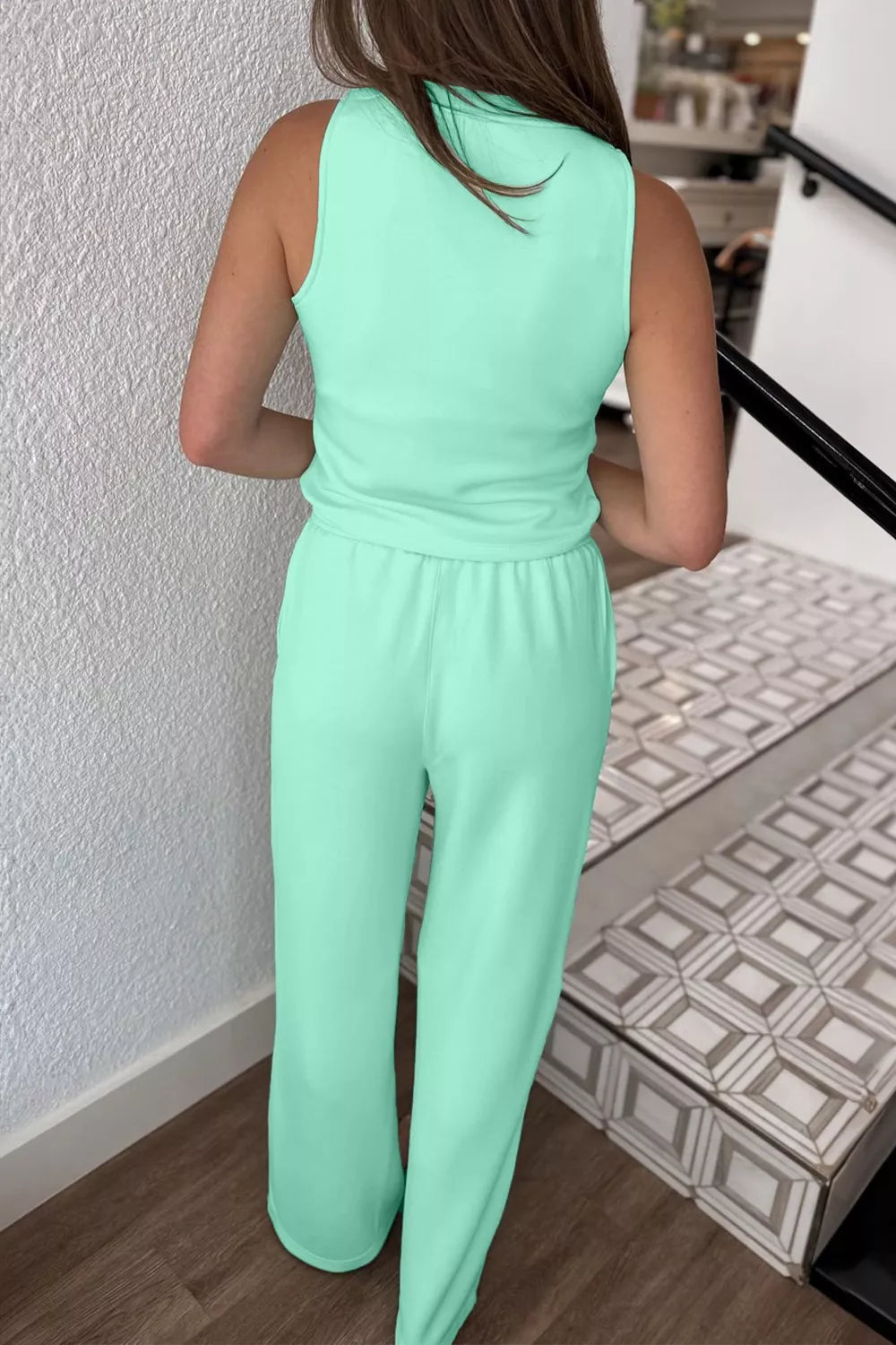 Back view of Drawstring Elastic Waistband Solid Color Two Piece Casual Set