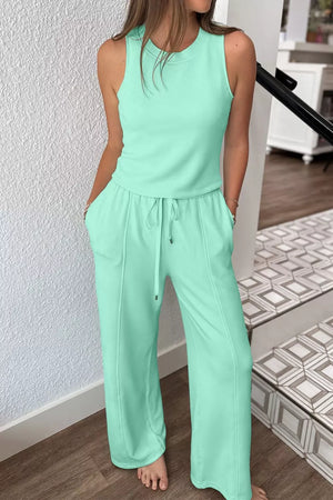 Front view of Drawstring Elastic Waistband Solid Color Two Piece Casual Set