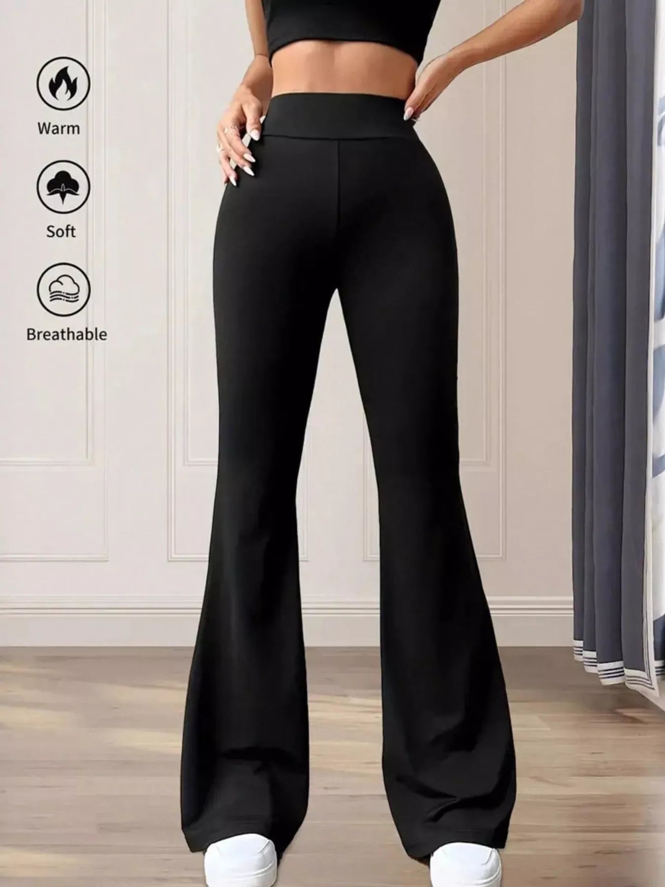 Front view of high waist slim fit flare pants