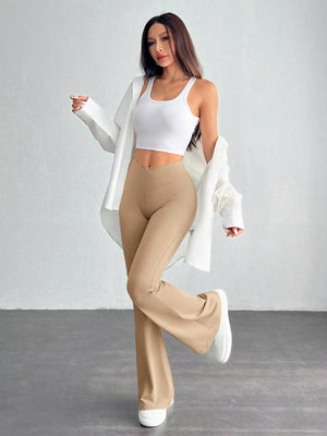 Front view showing high waist and sleek flare