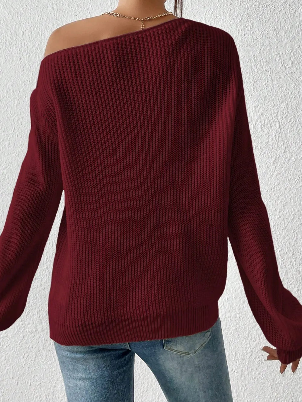 Back side of Honey Single Shoulder Long Sleeve Sweater chic knitwear