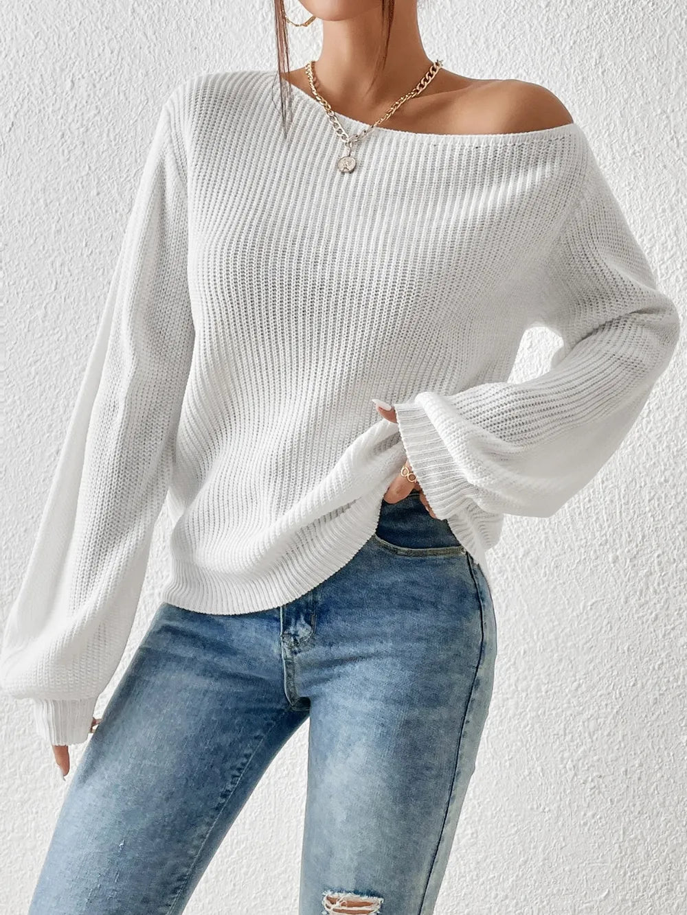 Stylish front view of Honey Single Shoulder knit sweater