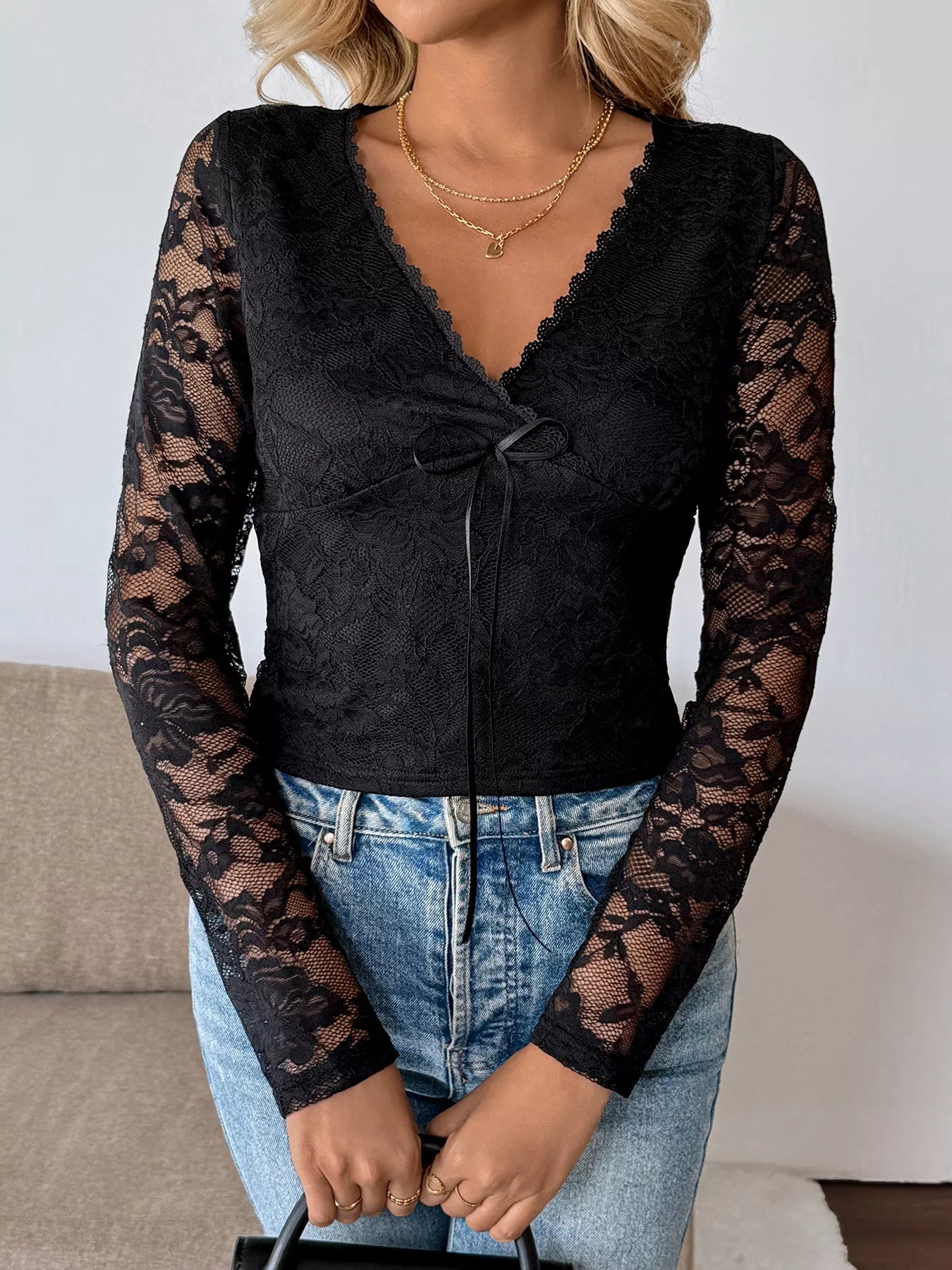 Long sleeve floral lace mesh cropped top front view