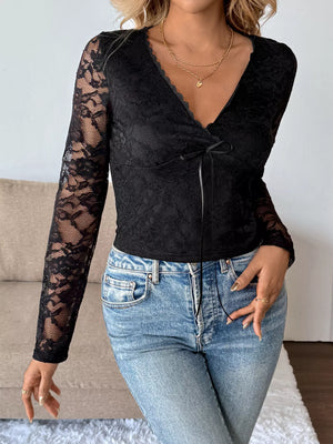 Long sleeve lace mesh cropped top floral front detail