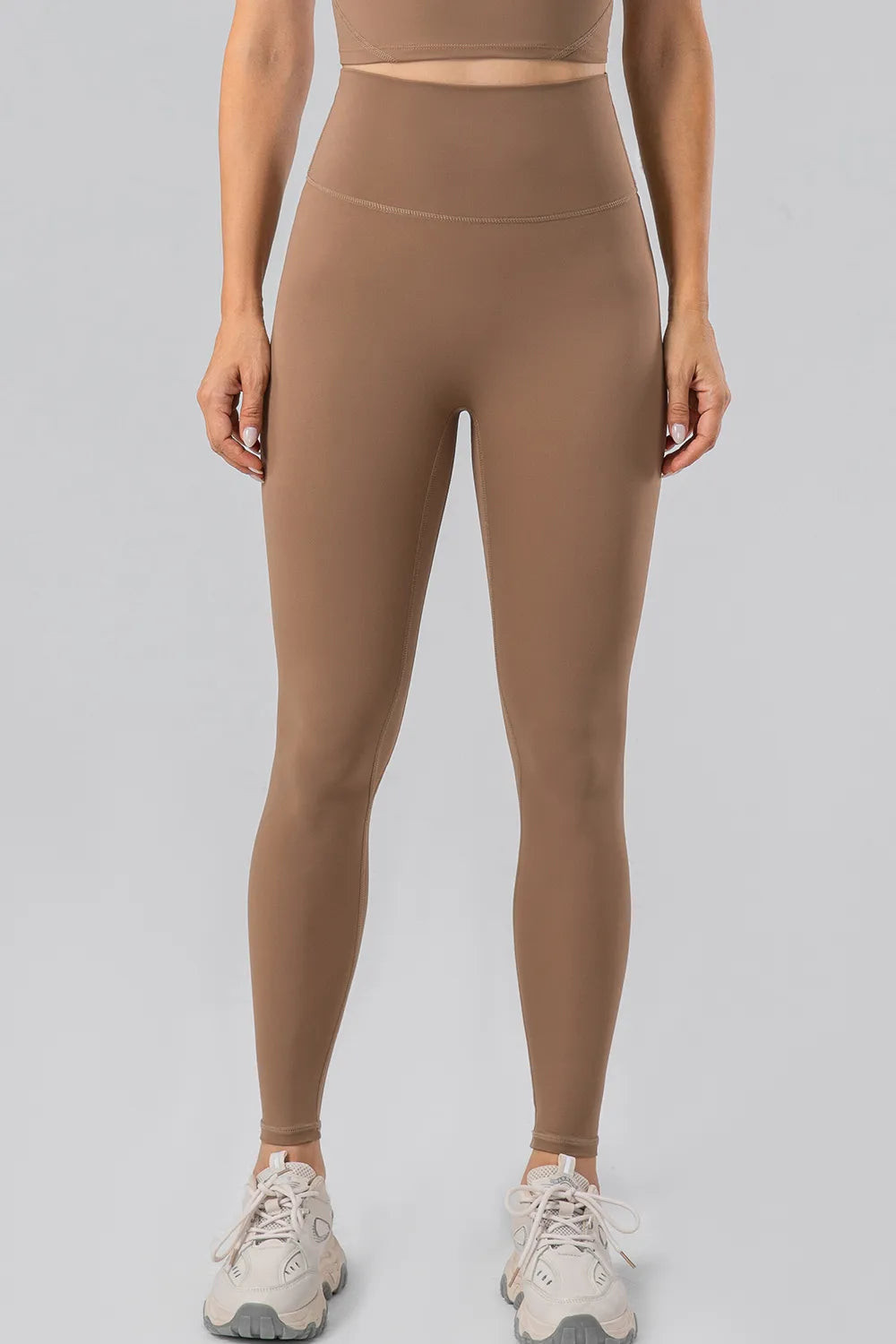 Front view of high waist wide waistband leggings