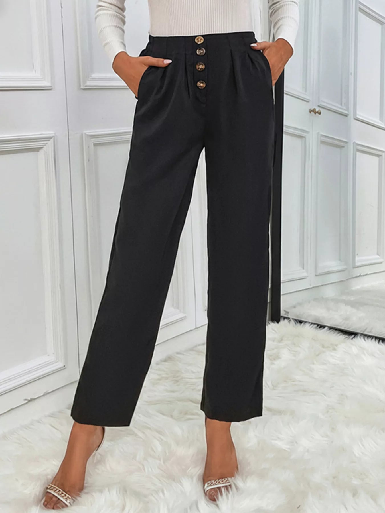 (Front view of high waist wide leg pants styled)