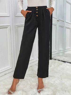 (Front view of high waist wide leg pants styled)