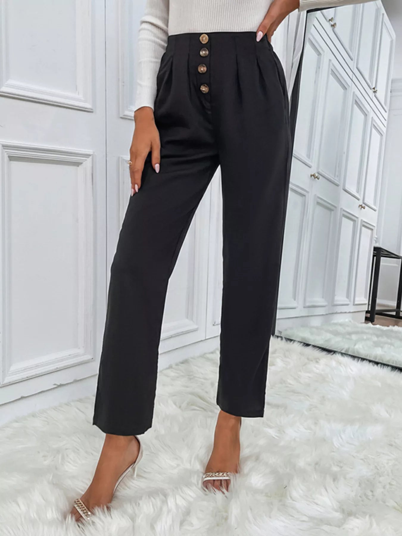 (High waist wide leg pants front view with pleat detail)