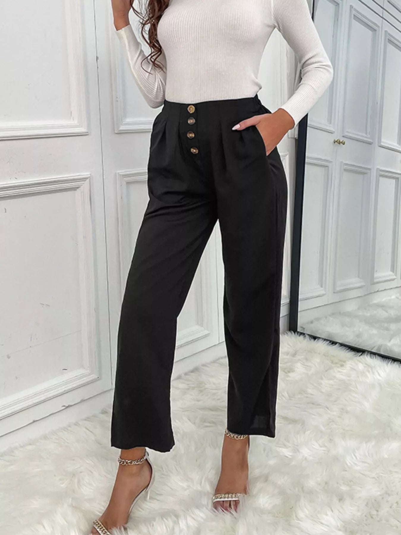 (High waist wide leg pants front view casual outfit)