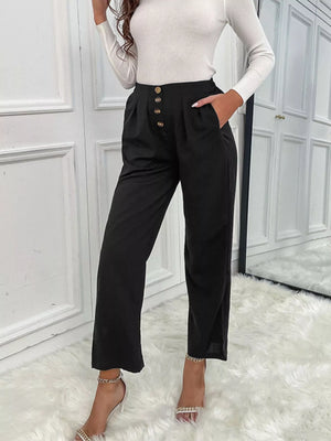 (High waist wide leg pants front view casual outfit)