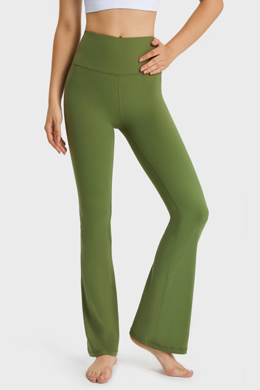Front view highlighting the stretch fabric and high-rise waistband for comfortable fit