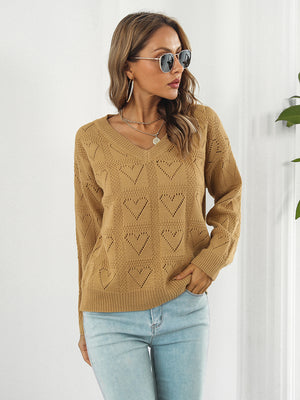 Stylish V-neck openwork sweater for women front detail