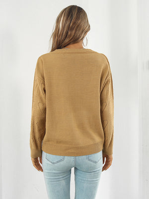 Back view of openwork V-neck sweater soft knit fabric