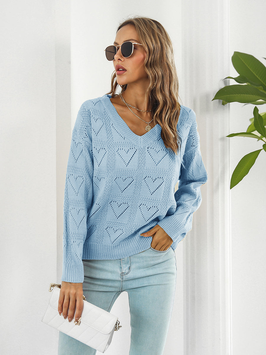 Openwork V-neck sweater front view stylish women's knitwear