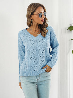 Women's openwork V-neck sweater front elegant casual style