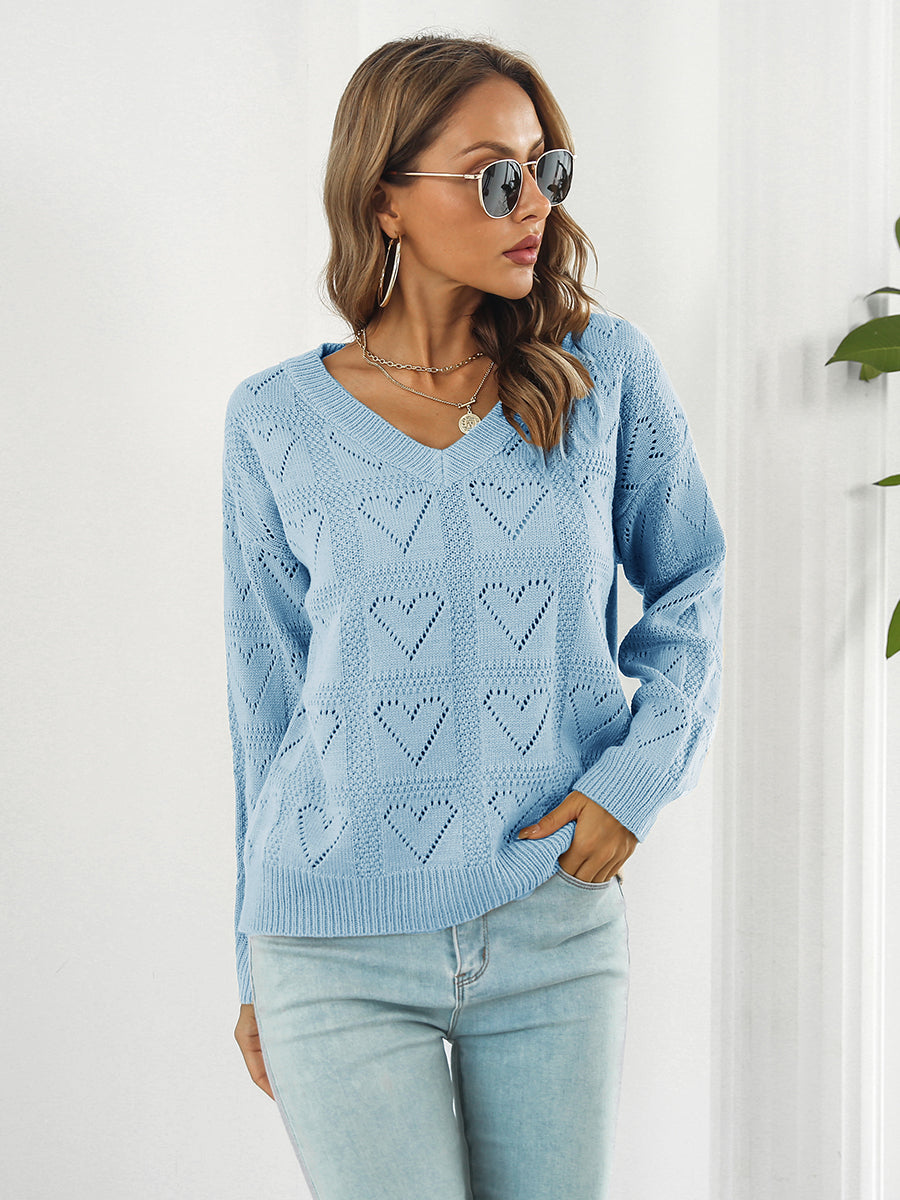 Women's openwork V-neck sweater front elegant casual style