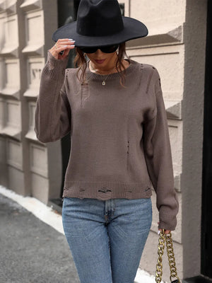 Perfee round neck cutout sweater front detail elegant casual outfit