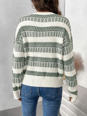Back view of Perfee Contrast Round Neck Long Sleeve Sweater